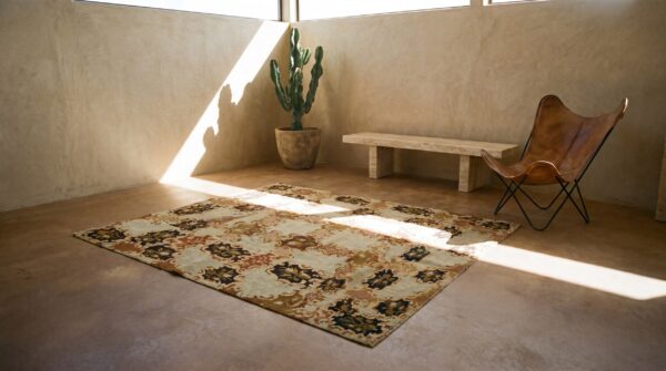 European cream and brown color floral design antique english needlepoint rug 9 European cream and brown color floral design antique english needlepoint rug (sku 18494) - room view