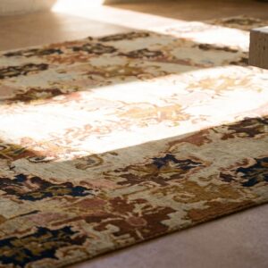 European Cream and Brown Color Floral Design Antique English Needlepoint Rug (SKU 18494) - in-room detail