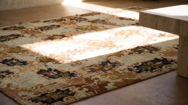European cream and brown color floral design antique english needlepoint rug 10 European cream and brown color floral design antique english needlepoint rug (sku 18494) - in-room detail