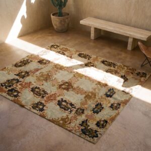 European Cream and Brown Color Floral Design Antique English Needlepoint Rug (SKU 18494) - styled overhead view