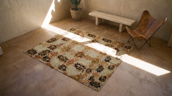European cream and brown color floral design antique english needlepoint rug 2 European cream and brown color floral design antique english needlepoint rug (sku 18494) - styled overhead view