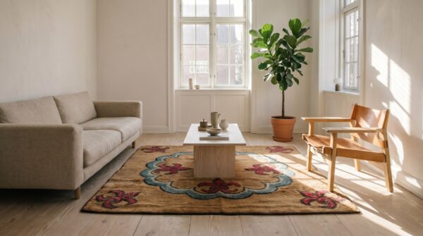 Antique european fleur de lis design square american hooked rug 6 Antique european fleur de lis design square american hooked rug (sku 17170) - room view