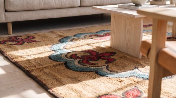 Antique european fleur de lis design square american hooked rug 7 Antique european fleur de lis design square american hooked rug (sku 17170) - in-room detail