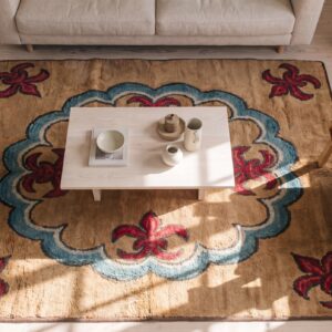 Antique European Fleur De Lis Design Square American Hooked Rug (SKU 17170) - styled overhead view