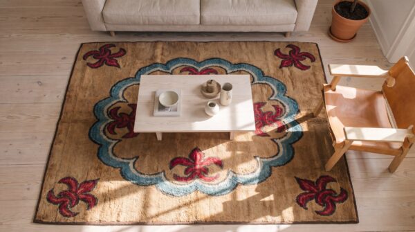 Antique european fleur de lis design square american hooked rug 2 Antique european fleur de lis design square american hooked rug (sku 17170) - styled overhead view