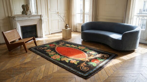 Antique european floral design american hooked rug 7 Antique european floral design american hooked rug (sku 17252) - room view