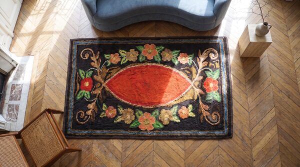 Antique european floral design american hooked rug 2 Antique european floral design american hooked rug (sku 17252) - styled overhead view