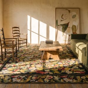 European Floral Design Black Antique Oversize Flat Woven French Needlepoint Rug (SKU 19058) - room view