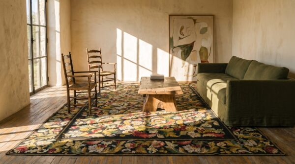 European floral design black antique oversize flat woven french needlepoint rug 14 European floral design black antique oversize flat woven french needlepoint rug (sku 19058) - room view