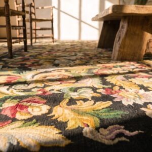 European Floral Design Black Antique Oversize Flat Woven French Needlepoint Rug (SKU 19058) - in-room detail