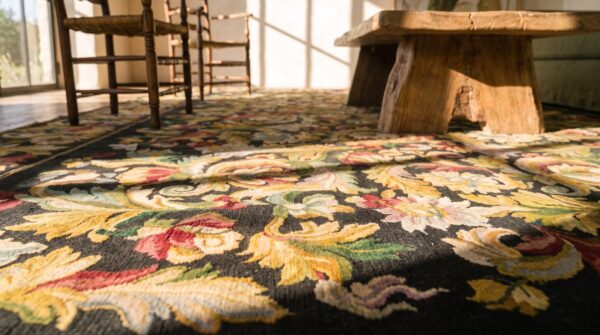 European floral design black antique oversize flat woven french needlepoint rug 15 European floral design black antique oversize flat woven french needlepoint rug (sku 19058) - in-room detail