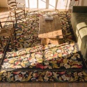 European Floral Design Black Antique Oversize Flat Woven French Needlepoint Rug (SKU 19058) - styled overhead view