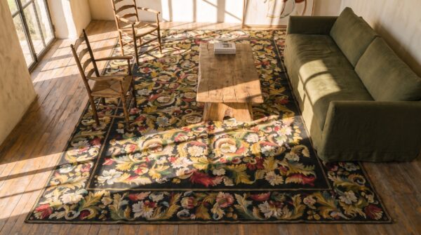 European floral design black antique oversize flat woven french needlepoint rug 2 European floral design black antique oversize flat woven french needlepoint rug (sku 19058) - styled overhead view