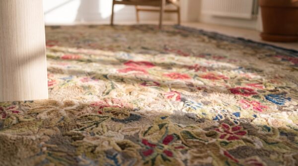 European floral pattern antique earthy american hooked rug 5 European floral pattern antique earthy american hooked rug (sku 18623) - in-room detail