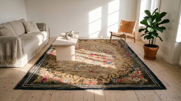European floral pattern antique earthy american hooked rug 2 European floral pattern antique earthy american hooked rug (sku 18623) - styled overhead view