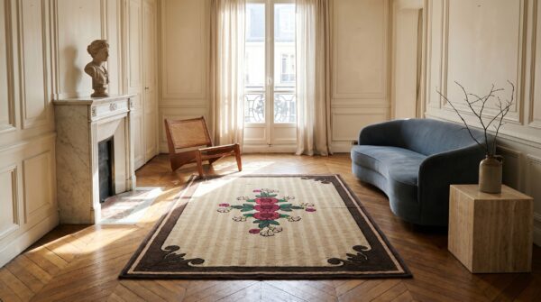 Antique european influenced floral pattern american hooked rug (sku 17739) - room view
