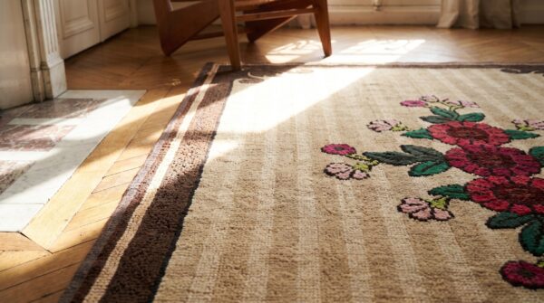 Antique european influenced floral pattern american hooked rug (sku 17739) - in-room detail