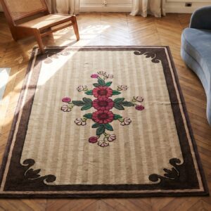 Antique European Influenced Floral Pattern American Hooked Rug (SKU 17739) - styled overhead view
