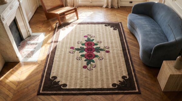 Antique european influenced floral pattern american hooked rug (sku 17739) - styled overhead view