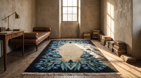 Exciting artistic floral geometric pattern antique small chinese art deco wool rug (sku 21902) - room view