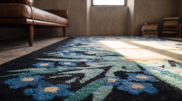 Exciting artistic floral geometric pattern antique small chinese art deco wool rug (sku 21902) - in-room detail