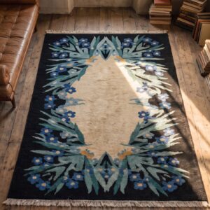 Exciting Artistic Floral Geometric Pattern Antique Small Chinese Art Deco Wool Rug (SKU 21902) - styled overhead view
