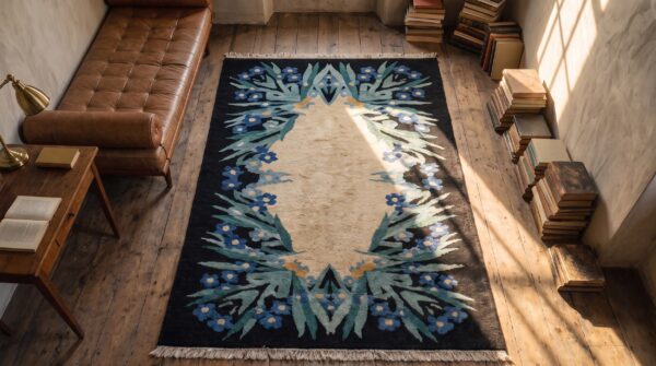 Exciting artistic floral geometric pattern antique small chinese art deco wool rug (sku 21902) - styled overhead view