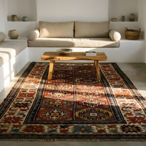 Exciting Bold Tribal Geometric Grid Pattern Antique Caucasian Moghan Rug (SKU 22876) - room view