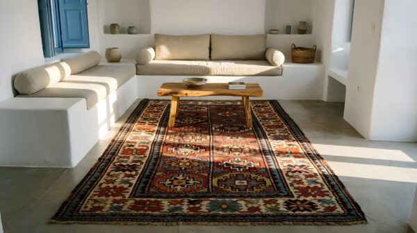 Exciting bold tribal geometric grid pattern antique caucasian moghan rug 9 Exciting bold tribal geometric grid pattern antique caucasian moghan rug (sku 22876) - room view