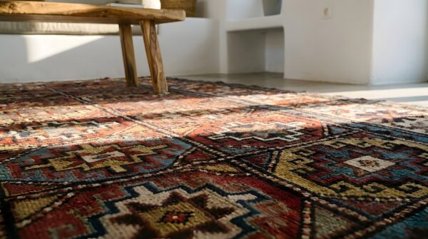 Exciting bold tribal geometric grid pattern antique caucasian moghan rug 10 Exciting bold tribal geometric grid pattern antique caucasian moghan rug (sku 22876) - in-room detail