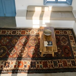 Exciting Bold Tribal Geometric Grid Pattern Antique Caucasian Moghan Rug (SKU 22876) - styled overhead view