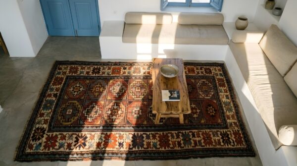Exciting bold tribal geometric grid pattern antique caucasian moghan rug 2 Exciting bold tribal geometric grid pattern antique caucasian moghan rug (sku 22876) - styled overhead view