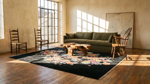 Exciting colorful floral design black antique chinese art deco rug 7 Exciting colorful floral design black antique chinese art deco rug (sku 21572) - room view