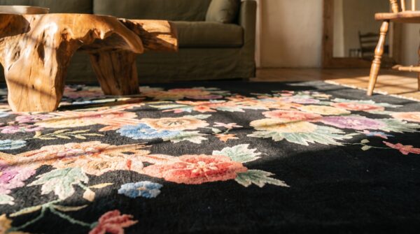 Exciting colorful floral design black antique chinese art deco rug 8 Exciting colorful floral design black antique chinese art deco rug (sku 21572) - in-room detail