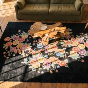 Exciting Colorful Floral Design Black Antique Chinese Art Deco Rug (SKU 21572) - styled overhead view