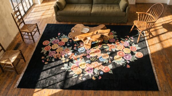 Exciting colorful floral design black antique chinese art deco rug 2 Exciting colorful floral design black antique chinese art deco rug (sku 21572) - styled overhead view