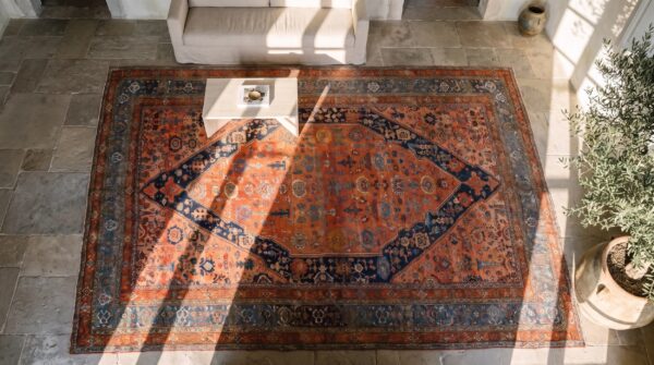 Exciting happy coral antique oversized persian bidjar carpet 2 Exciting happy coral antique oversized persian bidjar carpet (sku 20266) - styled overhead view