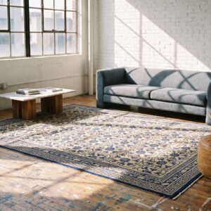 Exciting Ivory Background Geometric Blue Floral Design Antique Chinese Peking Rug (SKU 21789) - room view