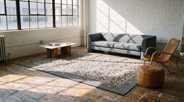 Exciting ivory background geometric blue floral design antique chinese peking rug (sku 21789) - room view