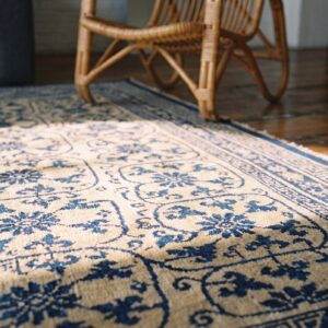 Exciting Ivory Background Geometric Blue Floral Design Antique Chinese Peking Rug (SKU 21789) - in-room detail