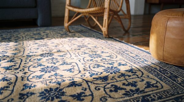 Exciting ivory background geometric blue floral design antique chinese peking rug (sku 21789) - in-room detail