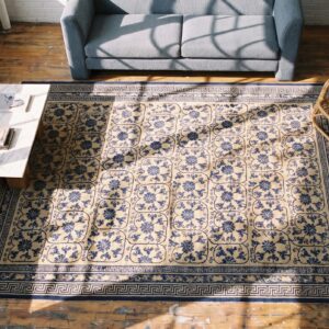 Exciting Ivory Background Geometric Blue Floral Design Antique Chinese Peking Rug (SKU 21789) - styled overhead view