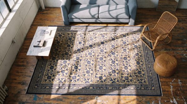 Exciting ivory background geometric blue floral design antique chinese peking rug (sku 21789) - styled overhead view