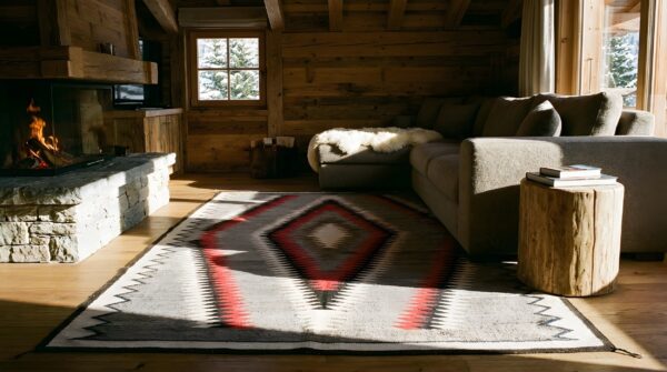 Exciting tribal geometric diamond design antique gray native american navajo flatweave rug 9 Exciting tribal geometric diamond design antique gray native american navajo flatweave rug (sku 25456) - room view