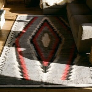 Exciting Tribal Geometric Diamond Design Antique Gray Native American Navajo Flatweave Rug (SKU 25456) - styled overhead view