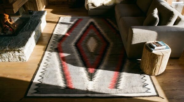 Exciting tribal geometric diamond design antique gray native american navajo flatweave rug 2 Exciting tribal geometric diamond design antique gray native american navajo flatweave rug (sku 25456) - styled overhead view