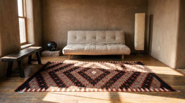 Exciting tribal geometric antique native american flatweave navajo rio grande rug (sku 21392) - room view