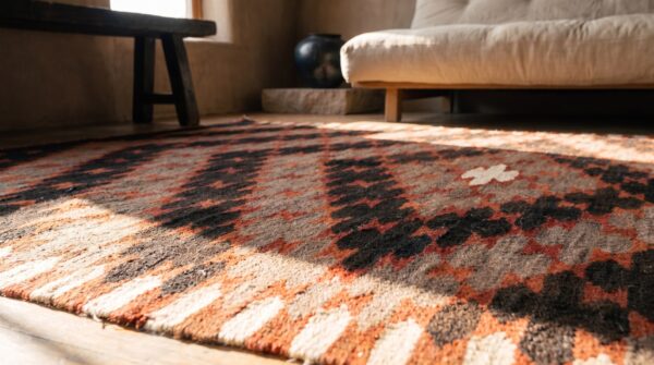 Exciting tribal geometric antique native american flatweave navajo rio grande rug (sku 21392) - in-room detail