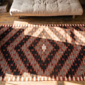 Exciting Tribal Geometric Antique Native American Flatweave Navajo Rio Grande Rug (SKU 21392) - styled overhead view