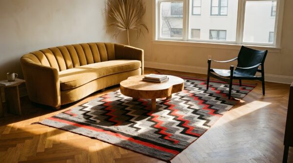 Exiting chevron deign antique navajo long and narrow wool gray native american rug 10 Exiting chevron deign antique navajo long and narrow wool gray native american rug (sku 25140) - room view